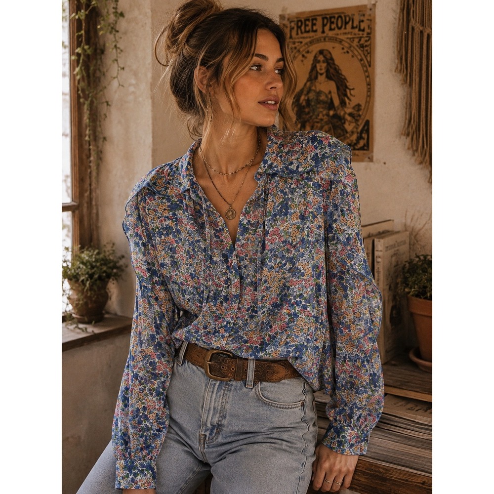Zara Womens Blue Pink Floral Tie Neck Ruffle Long Sleeve Blouse Small